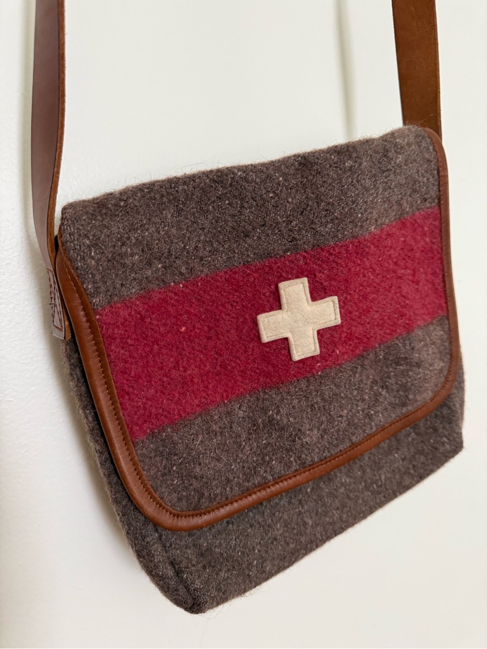 Wool Crossbody Bag with Burgundy Stripe